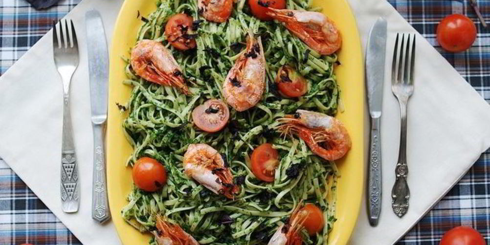 Рецепт паста со шпинатом и креветками
