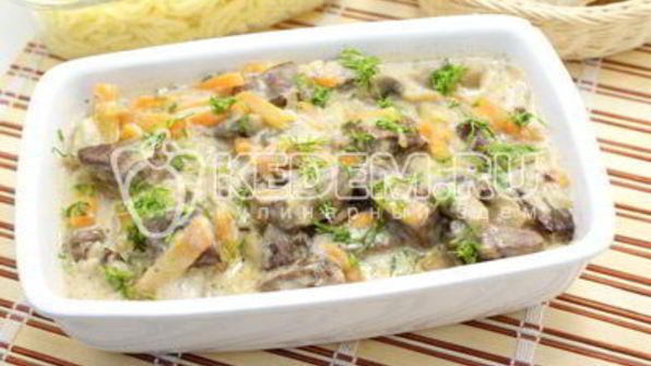 печень тушеная с грибами