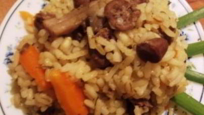 Плов с грибами и куриными сердечками