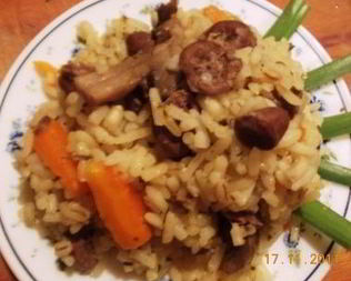 Плов с грибами и куриными сердечками