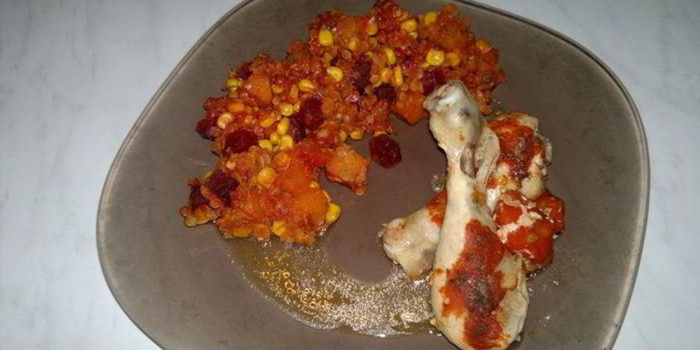 Рецепт куриные голени из духовки, чечевичное рагу с тыквой, кукурузой и свеклой