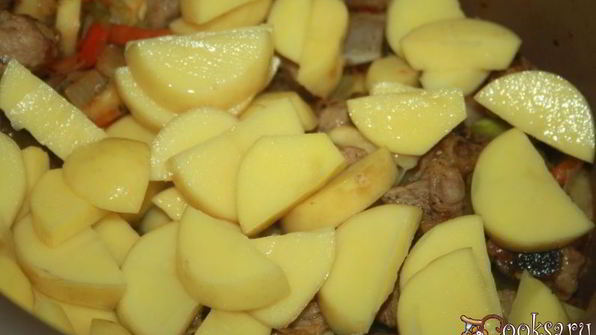 летнее рагу со свининой и зеленым горошком в стручках и свежими овощами