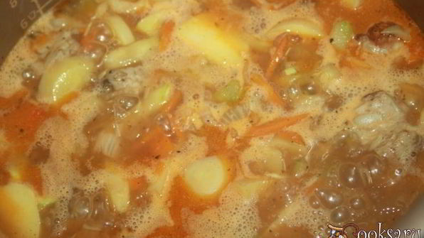 летнее рагу со свининой и зеленым горошком в стручках и свежими овощами