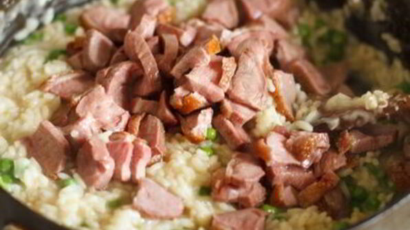 ризотто с уткой и молодым горошком