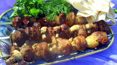 Шашлык из печени индейки с шампиньонами