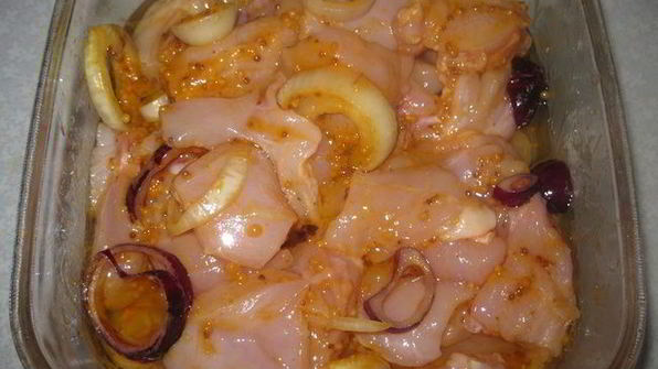 шашлык из цыпленка в горчичном маринаде с болгарским перцем