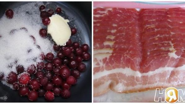 овсяные оладьи с клюквенным соусом и беконом