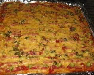 Пицца на кефирном тесте с сосисками и шампиньонами