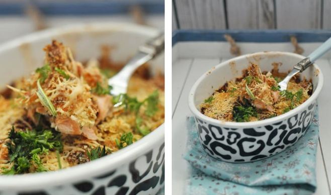 Сырная запеканка с лососем под хлебной крошкой