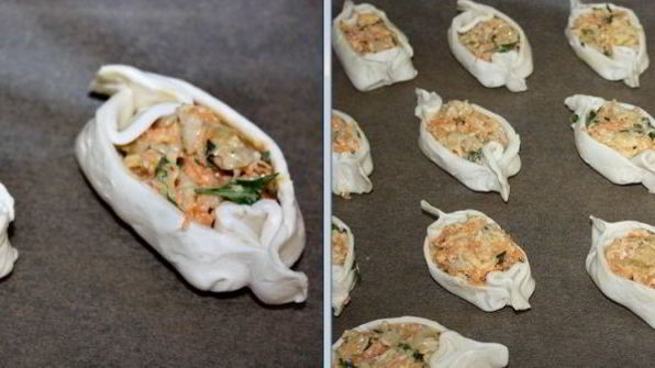 бутерброды из слоеного теста с сыром, курицей и морковью