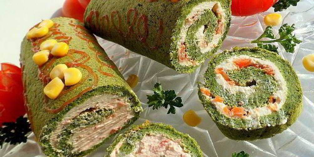 Рецепт шпинатный рулет со сливочным сыром и соленой семгой